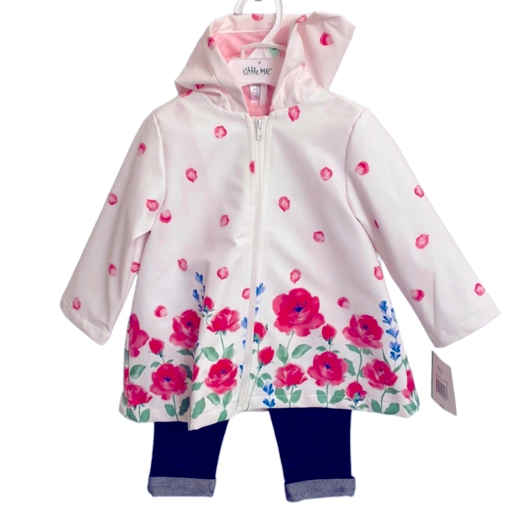 LITTLE ME Girl's 3 Piece Raincoat Pink Rose Shirt Elastic Leggings Size 18M NEW